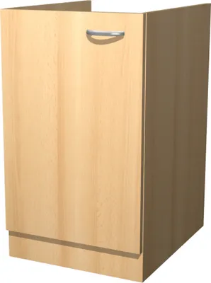 A 3D rendering of a kitchen cabinet base unit with a single door and a handle.