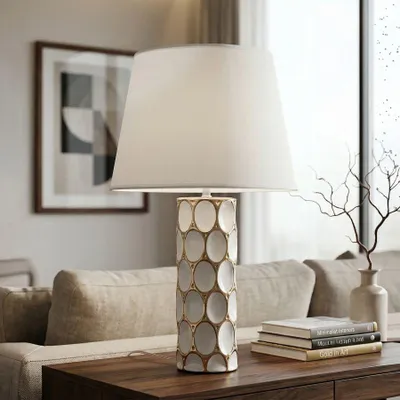 Zdjęcie produktu dla Lampa stołowa z ceramiki, biała i złota ø 34,5x56 cm