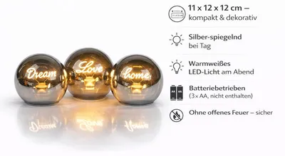 Produktbild von LED Deko Set 3er Leuchtkugeln 12 cm Glaskugel warmweiß batteriebetrieben Silber