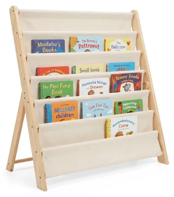 Produktbild von Relaxdays Bücherregal Kinder, Holz, 6 Stofffächer, HxBxT: 80 x 75 x 30 cm, Kinderbücherregal, Kinderregal, weiß/natur