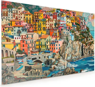 Produktbild von Küchenrückwand Spritzschutz Glas mit Motiv Bunte Küstenstadt 40 x 40 cm