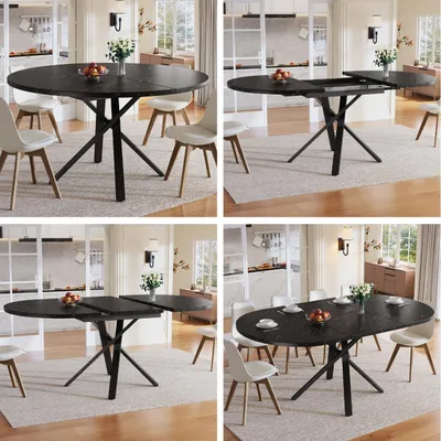 Produktbild von Esstisch Rund Ausziehbar 100-140 cm Marmor-Optik Weiß Schwarz Küchen-Tisch mit Metallgestell in X-Form Modern