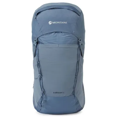 Blauer Rucksack "Trailblazer 32" von Montane; geeignet für alpine Aktivitäten; mit einem großen Hauptfach und vorderer Tasche.