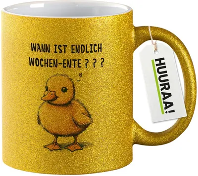 Produktbild von Huuraa Glitzertasse Endlich Wochen-Ente Wochenende 330ml Gold Keramik Kaffeebecher Geschenkidee