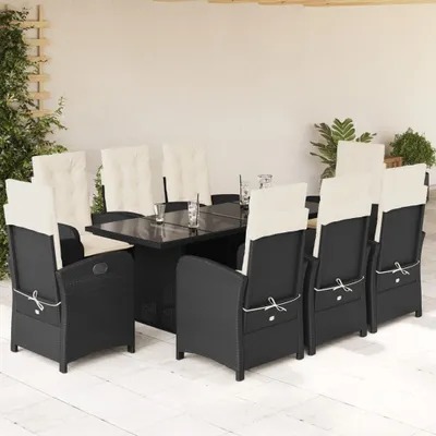Produktbild von Design 9-tlg. Garten-Essgruppe mit Kissen Schwarz Poly Rattan, Gartenmöbel-Sets 2024 Neu