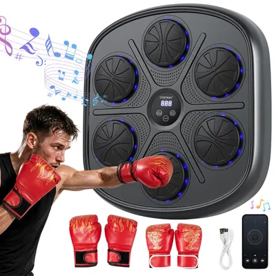 Immagine prodotto di Macchina da boxe COSTWAY con 10 livelli di velocità e 9 modalità, dotata di display LED e connessione, inclusa di guantoni e cuscinetto per l'allenamento della reattività