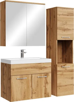 A bathroom vanity set with a sink, mirror cabinet, and tall cabinet.