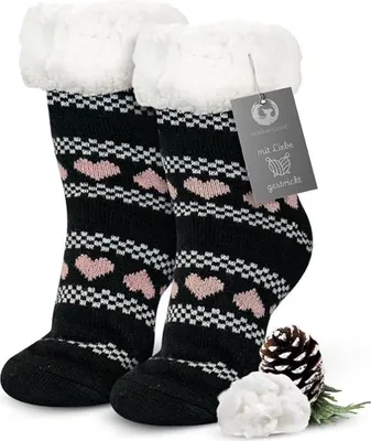Produktbild von Burning Bird - Hüttensocken Kuschelsocken Stoppersocken Einheitsgröße 39-42 - flauschig warm gefütterte Socken - ABS Anti-Rutsch Noppen - Weihnachtssocken, Wintersocken, Wollsocken (Herz Schwarz)