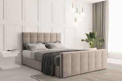 A bedroom scene featuring a bed with a headboard and footboard, complete with bedding and a throw blanket. A bedside table with a book and a potted plant are also visible.