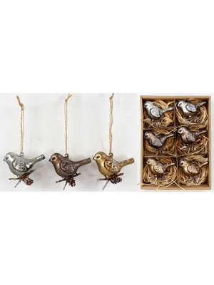 Obrázok produktu pre Hoff INTERIEUR 3117 VINTAGE-BOX BIRD SHARING Sada 6 sklenených dekorácií na stromček BOX: cca 17x4,5x22cm figurálna dekorácia Vianočná zimná sklenená dekorácia