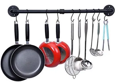 Topfregal Wandmontage mit 10 Haken, 96 cm, schwarz
