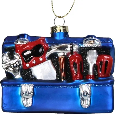 Image de Décoration de sapin de Noël en verre, 9,5 cm, figurine « boîte à outils », bleu / rouge