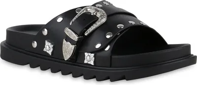 Produktbild von VAN HILL Damen Pantoletten Sandalen Nieten Schnallen Profil-Sohle Schuhe 841003, Farbe: Schwarz, Größe: 39