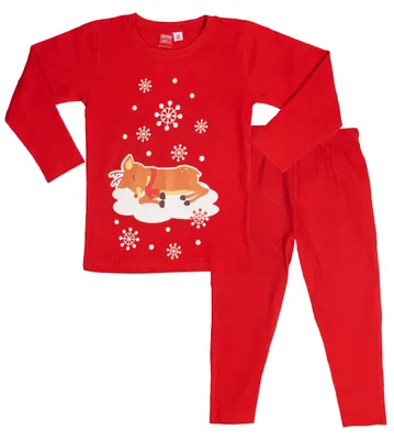 Produktbild von Schlafanzug für Mädchen - Rentier Kinder Pyjama Set Langarm Oberteil mit Hose Rot 122-128