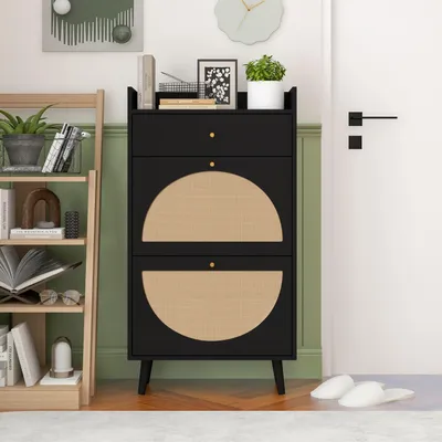 Image de Meuble à chaussures - 60 cm, noir - aspect rotin, 2 portes et 1 tiroir - double étagère