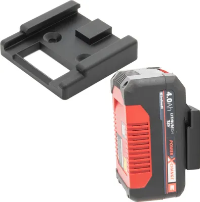 A black plastic adapter and a red and black battery pack are shown against a white background.
