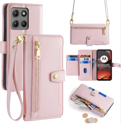 Produktbild von Handykette Hülle für Motorola Moto G15 / Moto G15 Power mit Band Handyhülle Kartenfächer Kunstleder Umhängetasche in Rosa