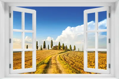 Produktbild von Wallario Wandbild aus Acryl, 60 x 90 cm, freischwebende Optik - Italien - Toskana unter blauem Himmel  einsame Farm mit Fenster-Illusion