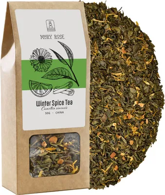 Produktbild von Mary Rose - Grüner Tee Winter Spice 50g - Yunnan Basis Zimt Orange Ringelblume - Aromatisch Wärmend Zarter Geschmack - Entspannend für Kalte Tage