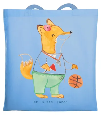 Produktbild von Mr. & Mrs. Panda Shopping Tasche Basketballtrainerin Herz - Sky Blue - Geschenk, Basketball, dokumententasche, Stoffbeutel, Einkaufstasche, Sport, Tote Bag, Verein