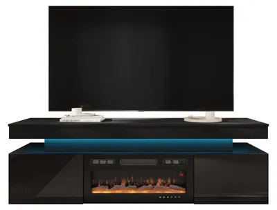 Produktbild von MIRJAN24 TV-Lowboard EF 2D Glossa mit Kamin, Realistische LED-Flamme, TV-Schrank, Wohnzimmer RTV (Farbe: Schwarz / Schwarz Hochglanz)
