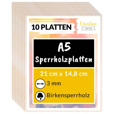 Produktbild von Creative Deco 10 x A5 Holz-Platte | 148 x 210 x 3 ( +/- 0,5 ) mm | Dünne Sperrholz-Zuschnitte | Perfektes Blatt für Laubsäge, Brandmalerei, Laserschnitt, CNC Router, Durchbrochenes