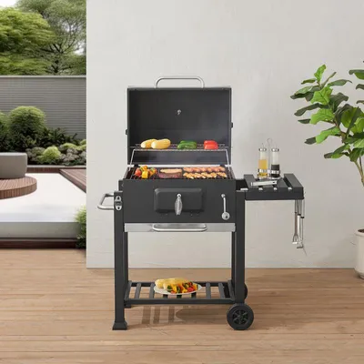 Produktbild von Grillwagen – Holzkohlegrill mit großem Grillrost und integriertem Thermometer