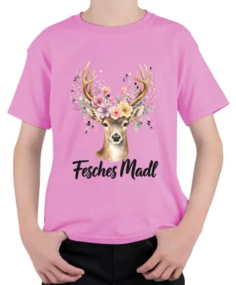 Immagine prodotto di Maglietta per bambini, motivo "Fesches Madl", con immagini di cervi, corna di fiori, abbigliamento tradizionale bavarese, pantaloni di pelle, taglia 140, colore rosa