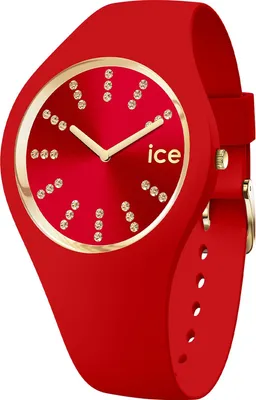 A close-up studio shot of a red Ice-Watch with gold accents and diamond-like markers.
