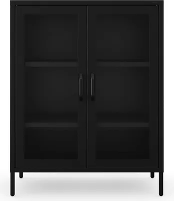 Produktbild von Jan Nowak kleiner Vitrinenschrank Kommode mit 2 Glastüren Gina 2 verstellbare Einlegeböden Standschrank aus Metall, 80 x 101,5 x 40 cm, Schwarz