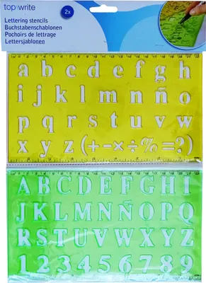 Produktbild von BUCHSTABENSCHABLONEN Set 2-teilig aus Kunststoff Linien Zahlenschablonen Buchstaben Ziffern Alphabet Schablonen Sonderzeichen 00 (Gelb/Grün)