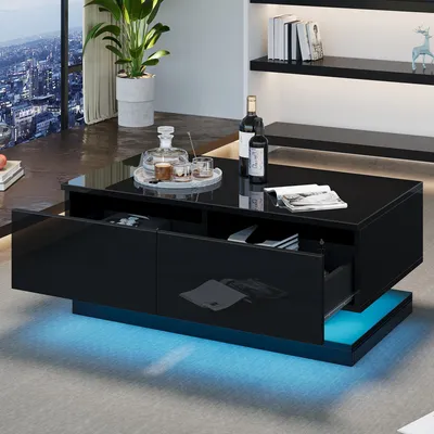 Produktbild von okwish Couchtisch mit 2 Schubladen,Sofatisch mit LED-Beleuchtung, gesteuert über App,Kaffeetisch Hochglanz,Schwarz