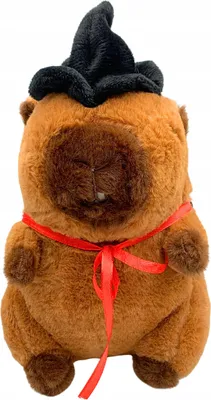 A stuffed toy capybara wearing a wizard hat and a red ribbon.
