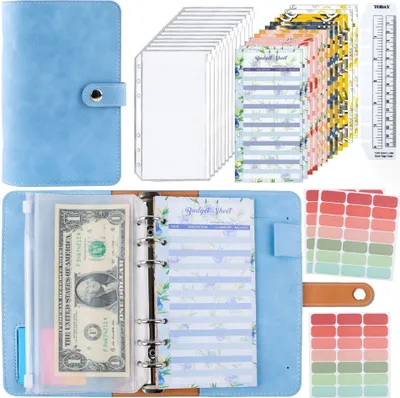 Produktbild von Binder Notizbuch, A6 Binder Budgetplaner,Kunstleder Notizbuch Mit 12 Binder Binder, Notizbücher, hellblau