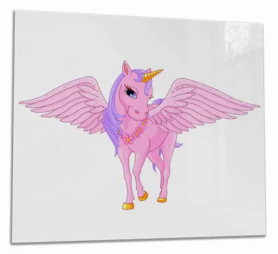 Produktbild von Wallario Herdabdeckplatte aus Glas, Größe 60 x 52 cm 1-teilig, Motiv Rosa Einhorn mit großen Flügeln