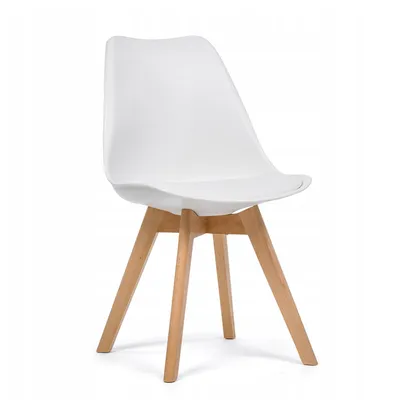 A white chair with wooden legs is shown against a white background.