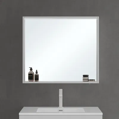 A bathroom mirror cabinet with two bottles of soap and a jar on a shelf above a sink with a faucet.