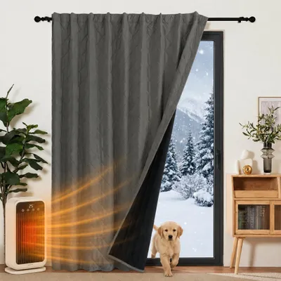 Image de 1 rideau thermique en velours, protection contre le froid, avec bande froncée et œillet pour tringle, rideau occultant, rideau de porte, 415 g/m², idéal pour salon ou chambre, dimensions 254 x 213 cm, couleur gris