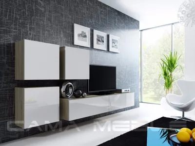 Produktbild von Furniture24 Wohnwand VIGO 23, Desing Mediawand, Modernes Anbauwand mit 3 Türen und 2 Klaptüren, Hängeschrank Tv Lowboard Sonoma Eich / Weiß Hochglanz