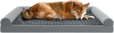 A dog sleeping on a dog bed.