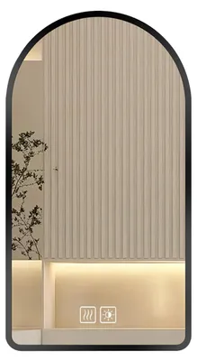 Productafbeelding van AIORBER LED badspiegel met verlichting, wandspiegel, rondboogvorm, anti-condens, dimbaar, 3 lichtkleuren, touchbediening, koperarmatuur, zwart, 40x60 cm