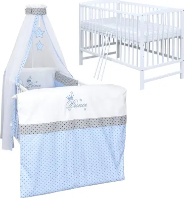Produktbild von Baby-Delux Babybett Kinderbett Gitterbett Milo Weiß 120x60 Komplett Bettset 10-tlg mit Stickerei Prince Stars