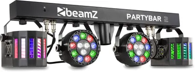 Produktbild von Beamz Partybar 2 - 100 W, 2 PARs, 2 Derby-Projektoren, DMX- oder Standalone-Betrieb, musikgesteuerter Modus mit justierbarer Empfindlichkeit, Automatikmodus, LED-Anzeige, Stativ, schwarz