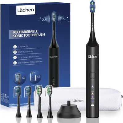 Produktbild von Lächen Elektrische Schallzahnbürste mit 5 Modi, 4 Bürstenköpfen, Reiseetui, USB-Ladung und 60 Tage Akku