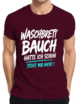 Obrázek produktu pro Tričko s potiskem "Waschbrett Bauch" (štíhlé břicho), s nápisem "Statement" a sarkastickým podtónem, pánské, barva vínová, velikost XL