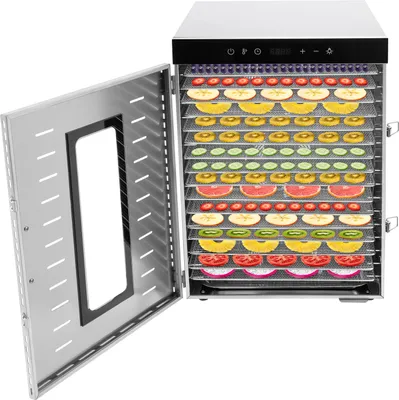 A food dehydrator with its door open, filled with various sliced fruits and vegetables on multiple racks.