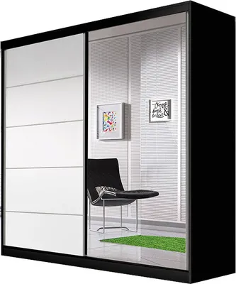 Produktbild von MOEBLO Kleiderschrank TESS 03 – Schwebetürenschrank 2-türig Schrank Garderobe Schiebtüren Schlafzimmer mit Spiegel, Kleiderstange und Regale (BxHxT): 183x218x61 cm (Schwarz + Weiß)