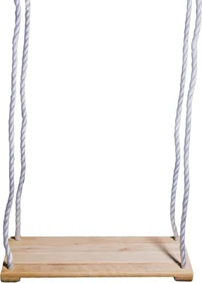 A wooden swing seat suspended by white ropes against a white background.