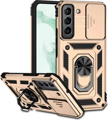 A gold and black phone case with a sliding camera cover and a ring stand is displayed against a white background. Another view of the case is shown in the foreground, angled to reveal the ring stand.