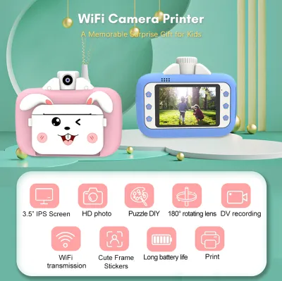 Obrázek produktu pro Bisofice Dětský fotoaparát Dětský 1080P digitální fotoaparát Termální tisk 3,5palcový IPS displej 180Otáčecí 4K objektiv Foto Selfie 1080P Video Automatické ostření s 32GB paměťovou kartou a 3 rolemi tiskového papíru + 12 barevných fixů + samolepky Učební hračka Dárek k narozeninám pro dívky Chlapci Dovolená Cestování